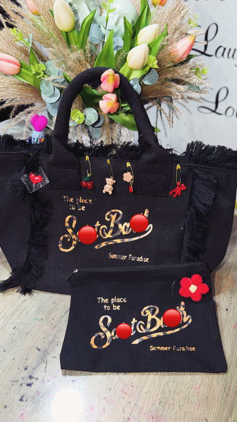 Borsa media con pochette nera/maculata