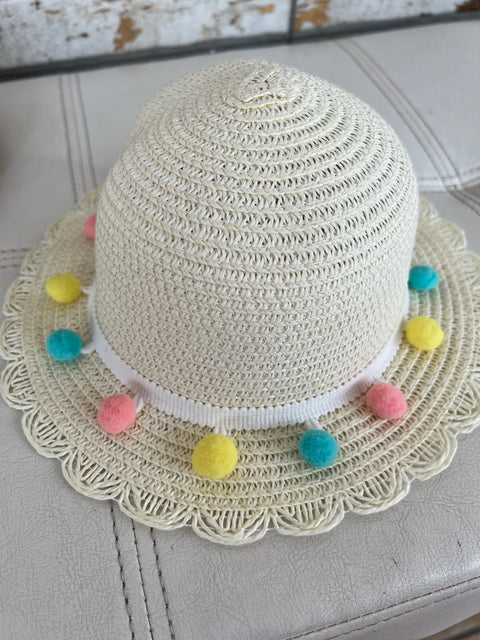 Cappello paglia chiaro baby/neonata pon pon