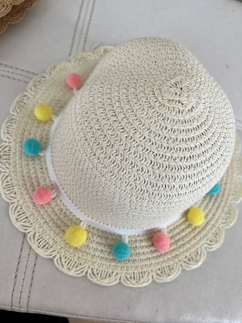 Cappello paglia chiaro baby/neonata pon pon