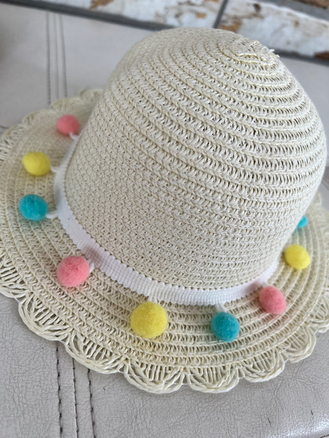 Cappello paglia chiaro baby/neonata pon pon